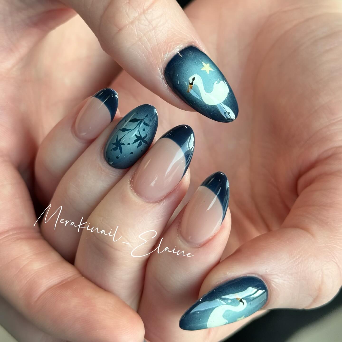 Navy French tips with hand-painted swans