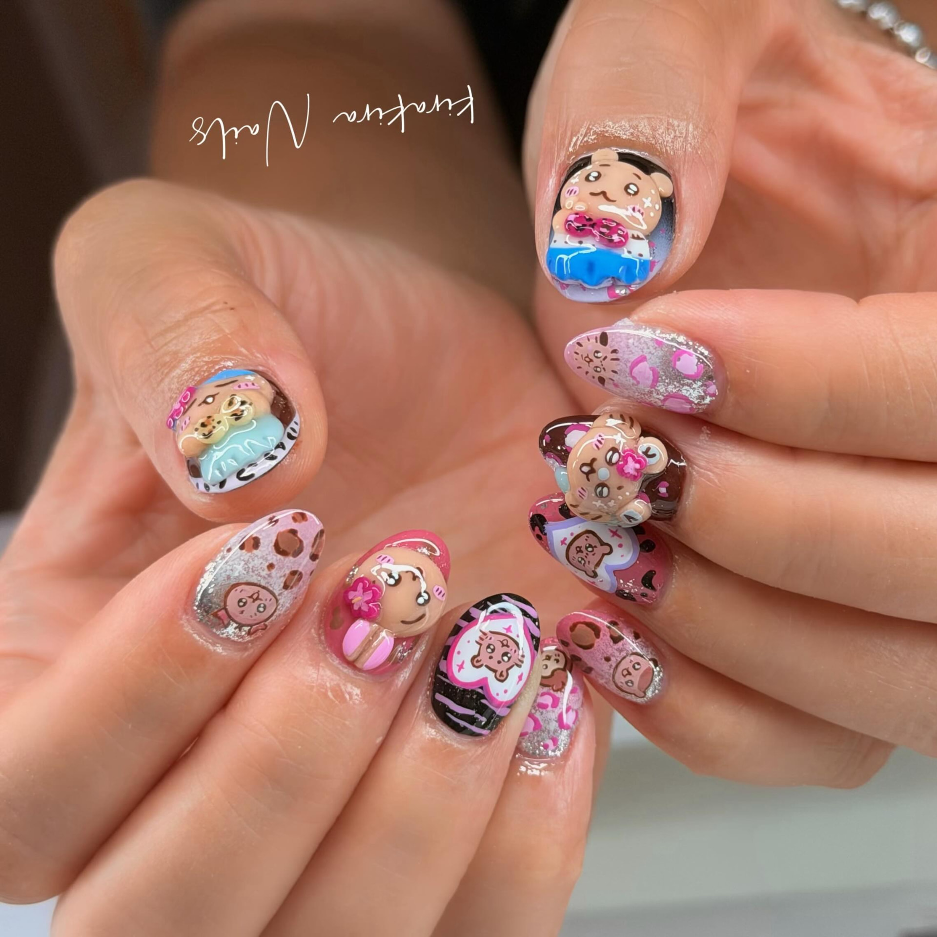 Hand-painted 3D character bear nails