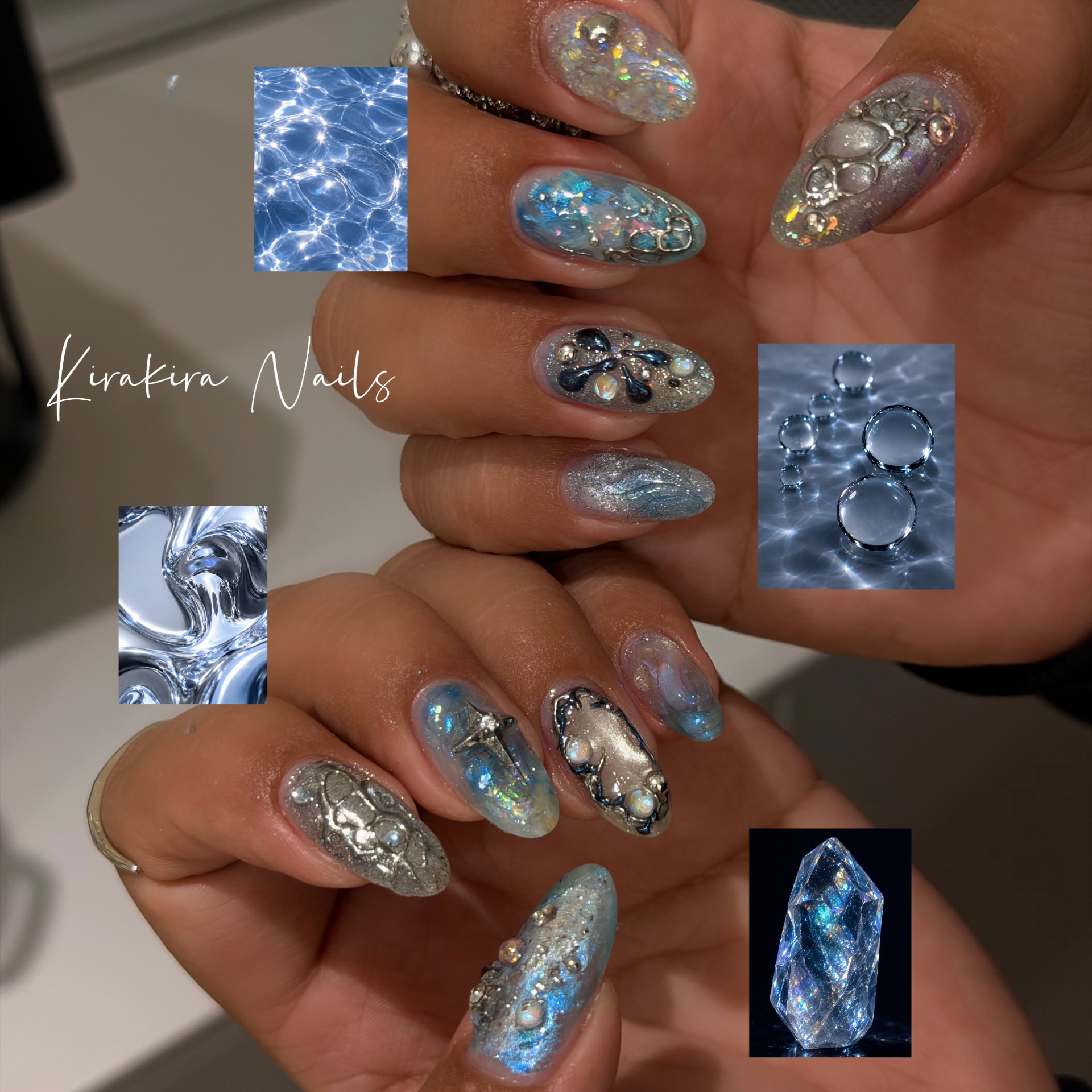 Icy blue 3D chrome nails with opals and crystals
